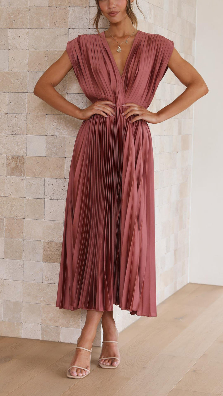 Stella | Midi Wedding Guest Dress with Pleated Skirt and V-Neck