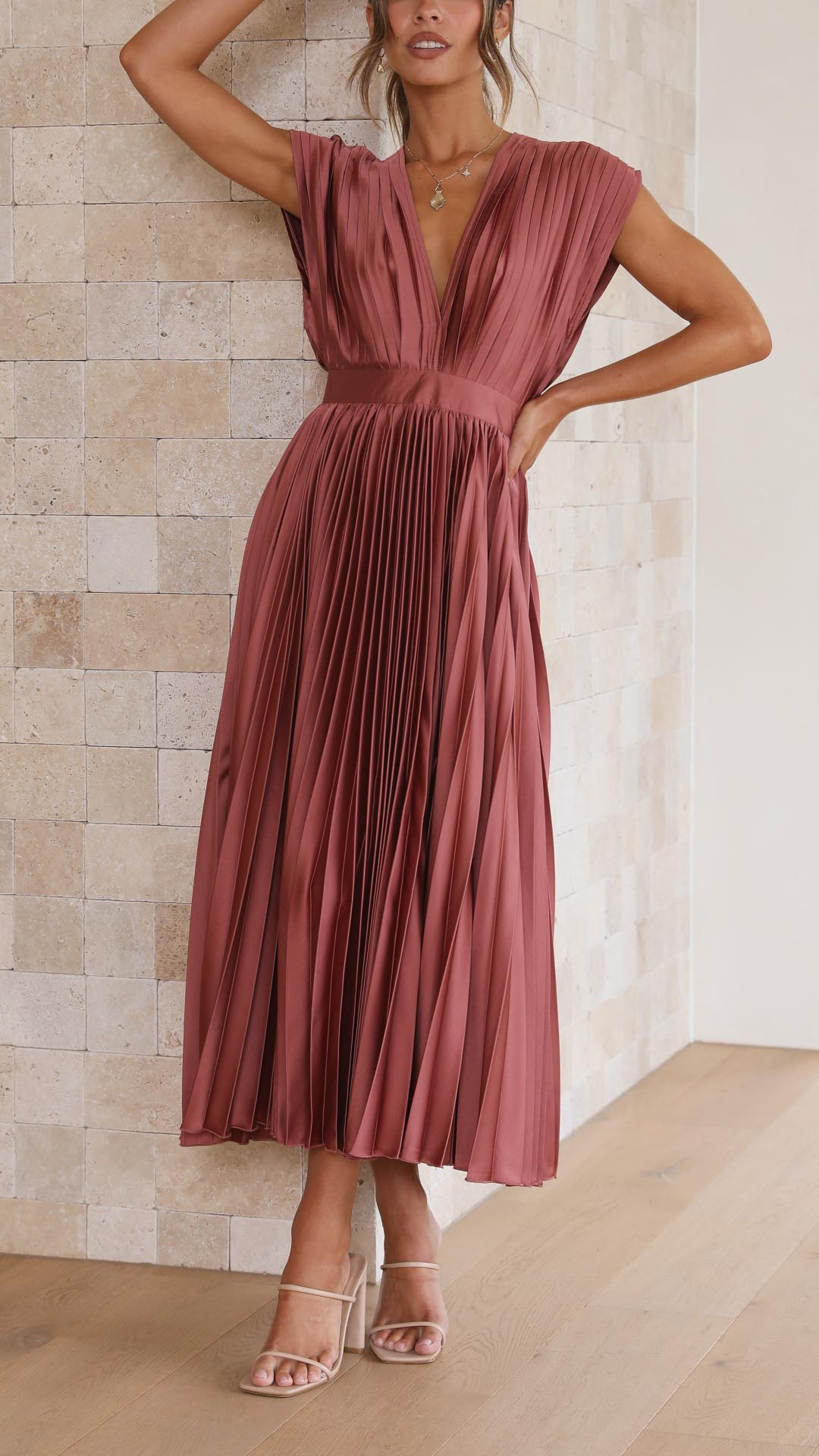 Stella | Midi Wedding Guest Dress with Pleated Skirt and V-Neck