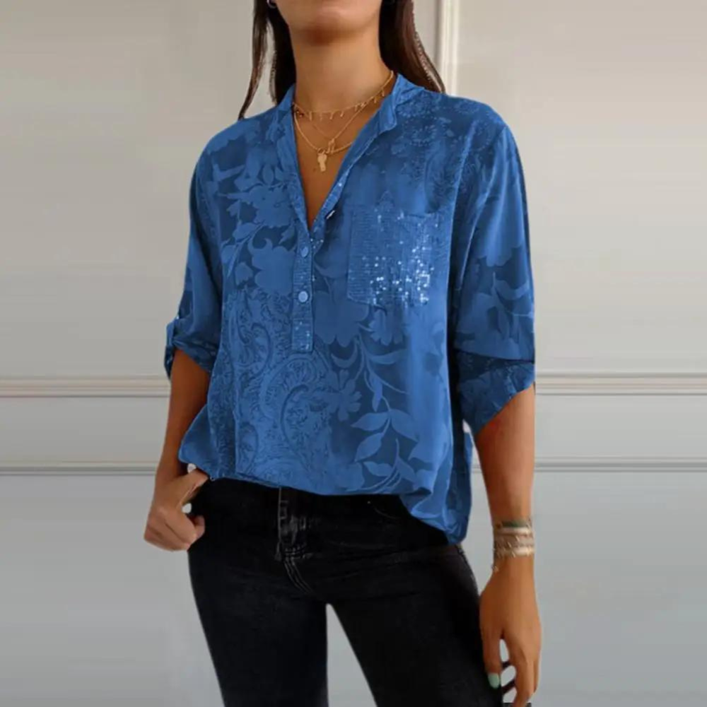 Dora | Floral Print Blouse with V Neckline and Chest Pocket