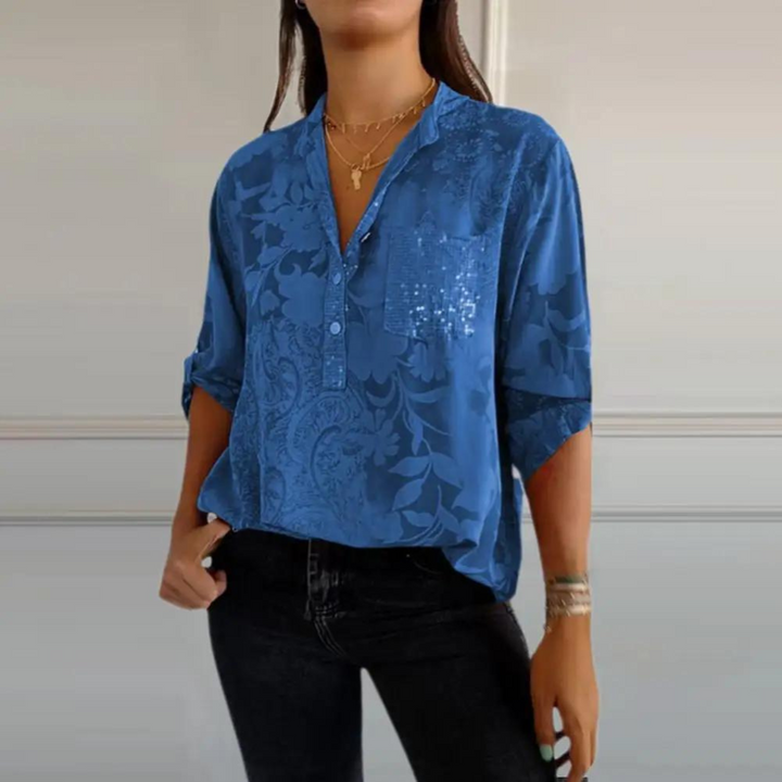 Dora | Floral Print Blouse with V Neckline and Chest Pocket