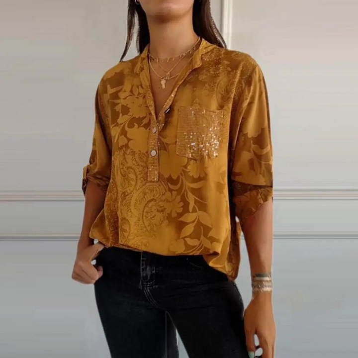Dora | Floral Print Blouse with V Neckline and Chest Pocket
