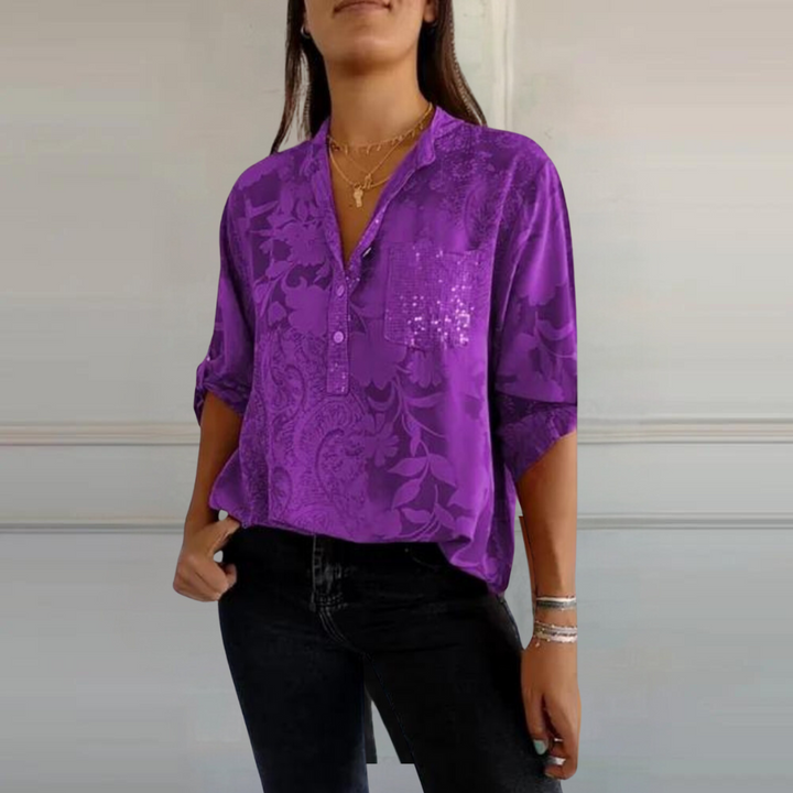Dora | Floral Print Blouse with V Neckline and Chest Pocket