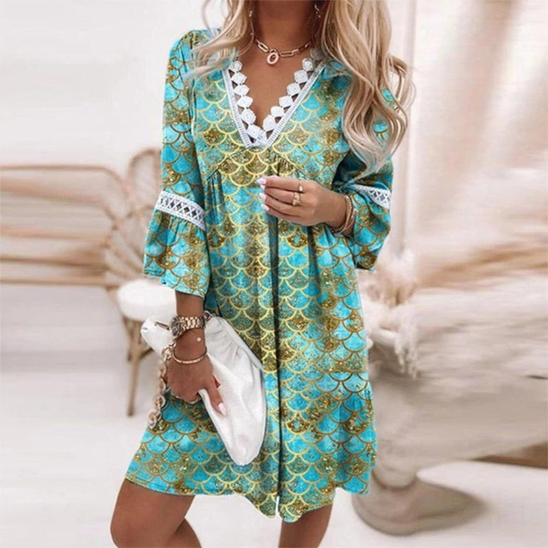 Charlotte | Mini Summer Dress with Boho Print and Lace Trim