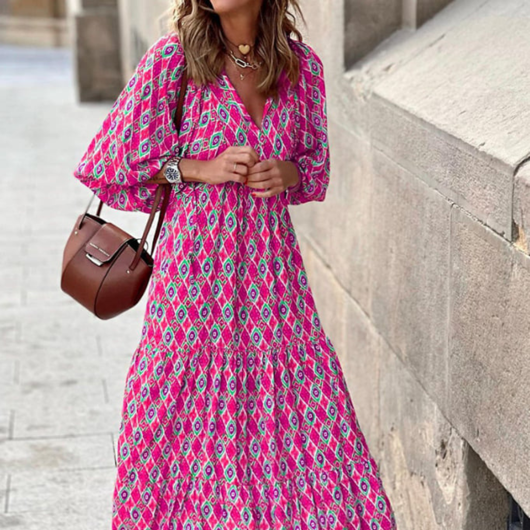 Lucy | Maxi Summer Dress with Boho Print and Puff Sleeves