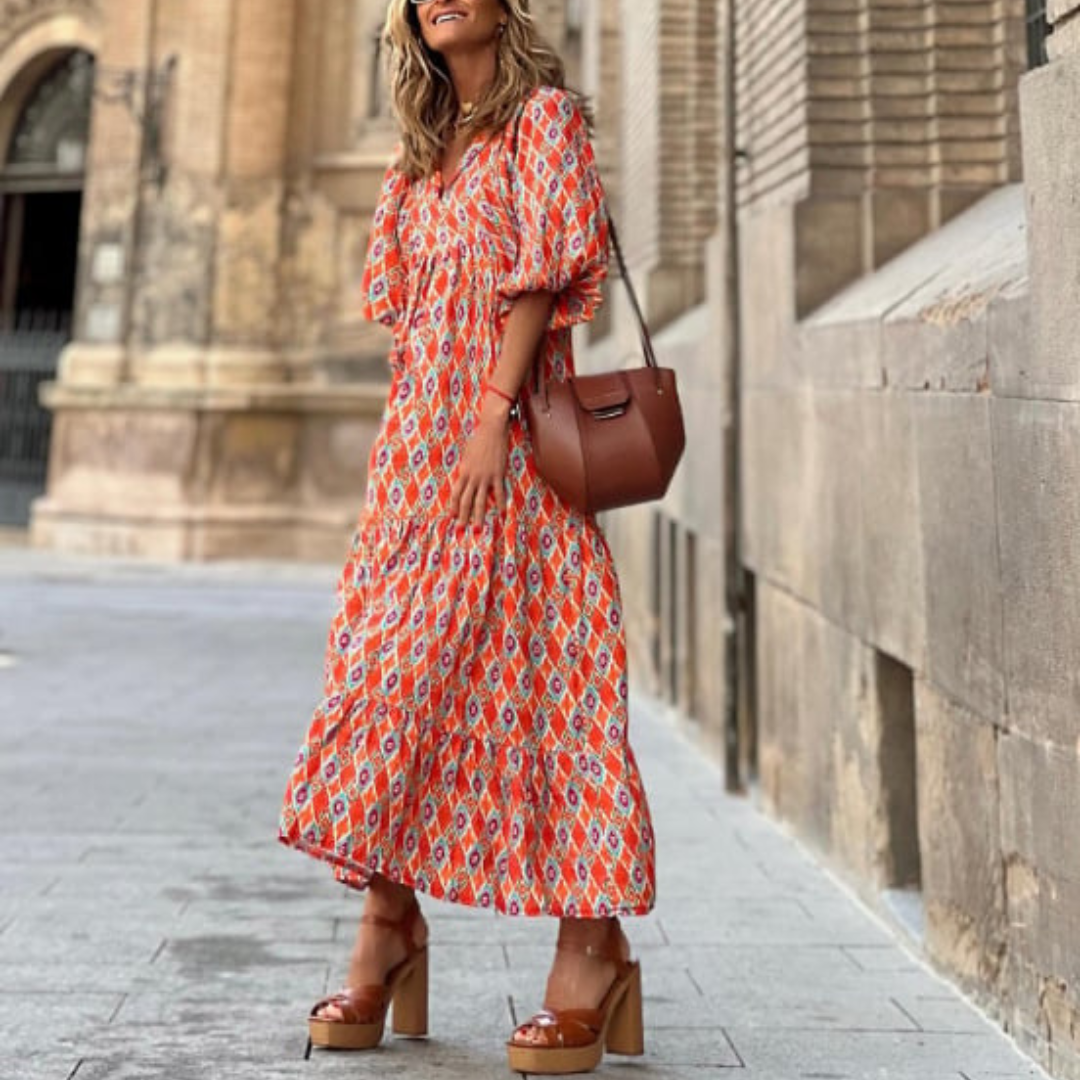 Lucy | Maxi Summer Dress with Boho Print and Puff Sleeves