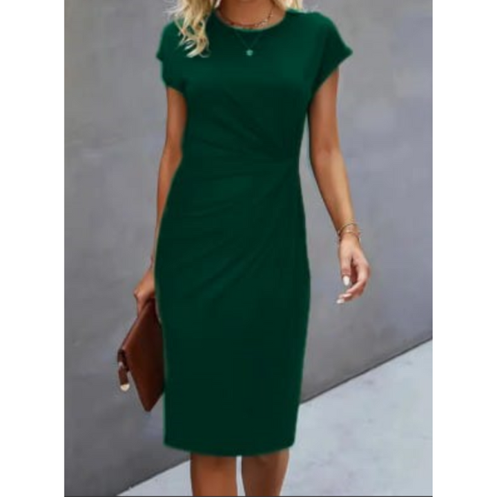 Anne | Midi Cocktail Dress with Ruched Bodice and Round Neck