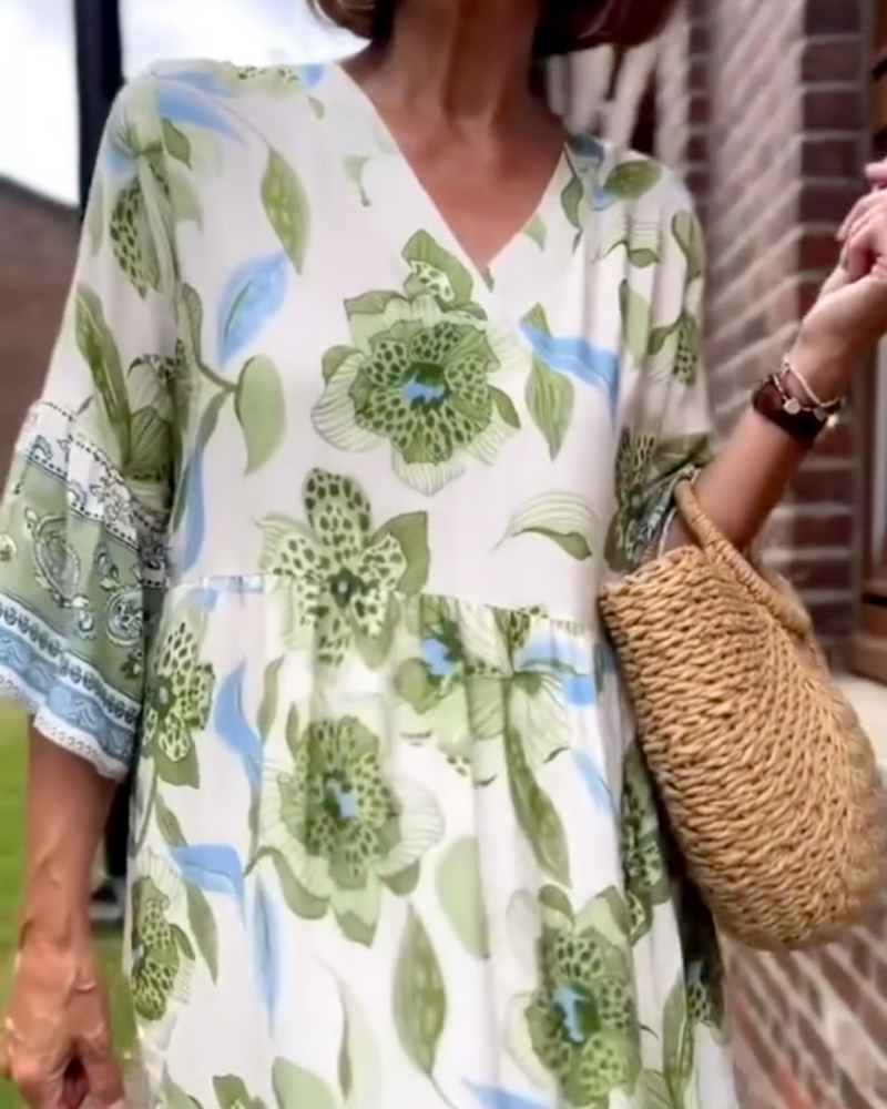 Emma | Midi Summer Dress with Floral Print and Three Quarter Sleeves
