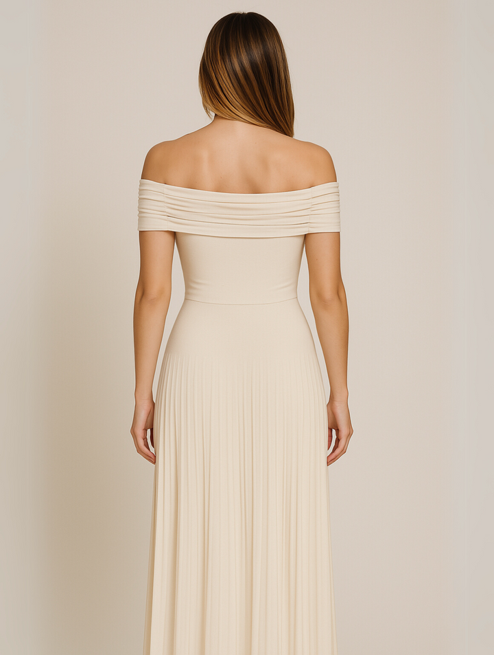 Isabel | Maxi Wedding Guest Dress with Off Shoulder and Pleated Skirt
