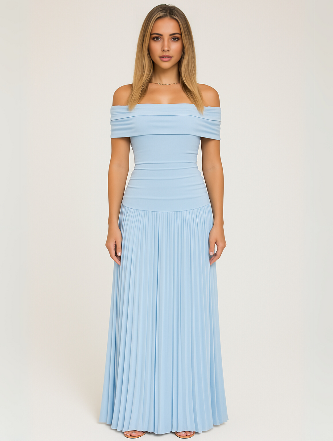 Isabel | Maxi Wedding Guest Dress with Off Shoulder and Pleated Skirt
