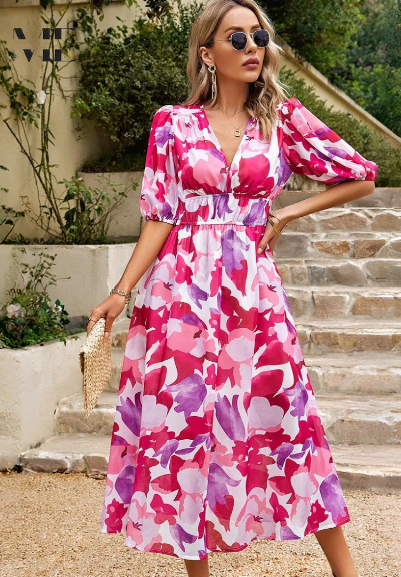 Ruby | Maxi Summer Dress with Floral Print and Belted Waist