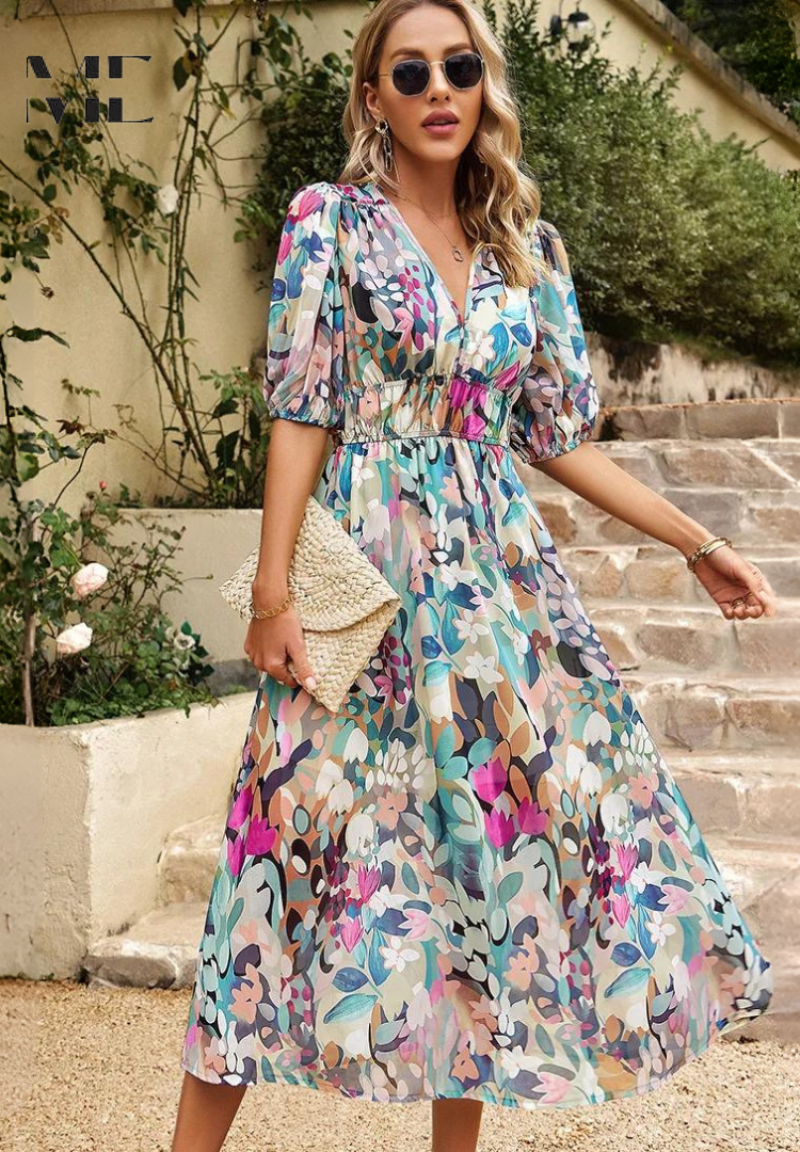 Ruby | Maxi Summer Dress with Floral Print and Belted Waist