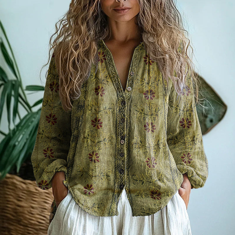 Ferris | Novelty Print Blouse with V Neckline and Button Front