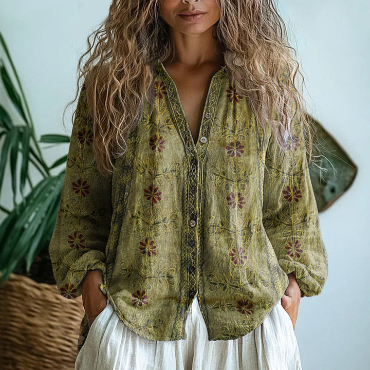 Ferris | Novelty Print Blouse with V Neckline and Button Front