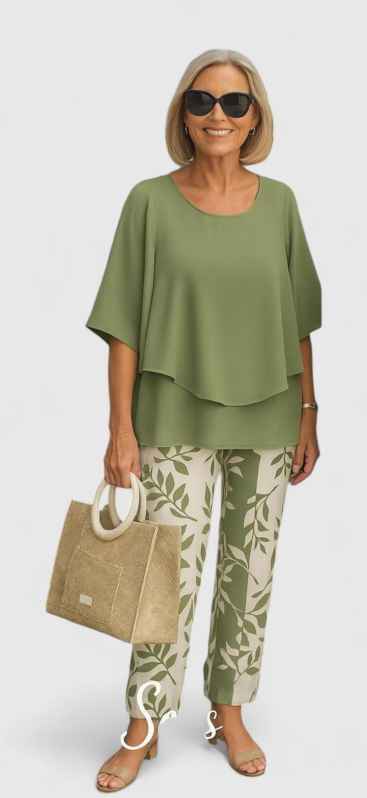 Joan | Matching Set with Leaf Print Trousers and Layered Top