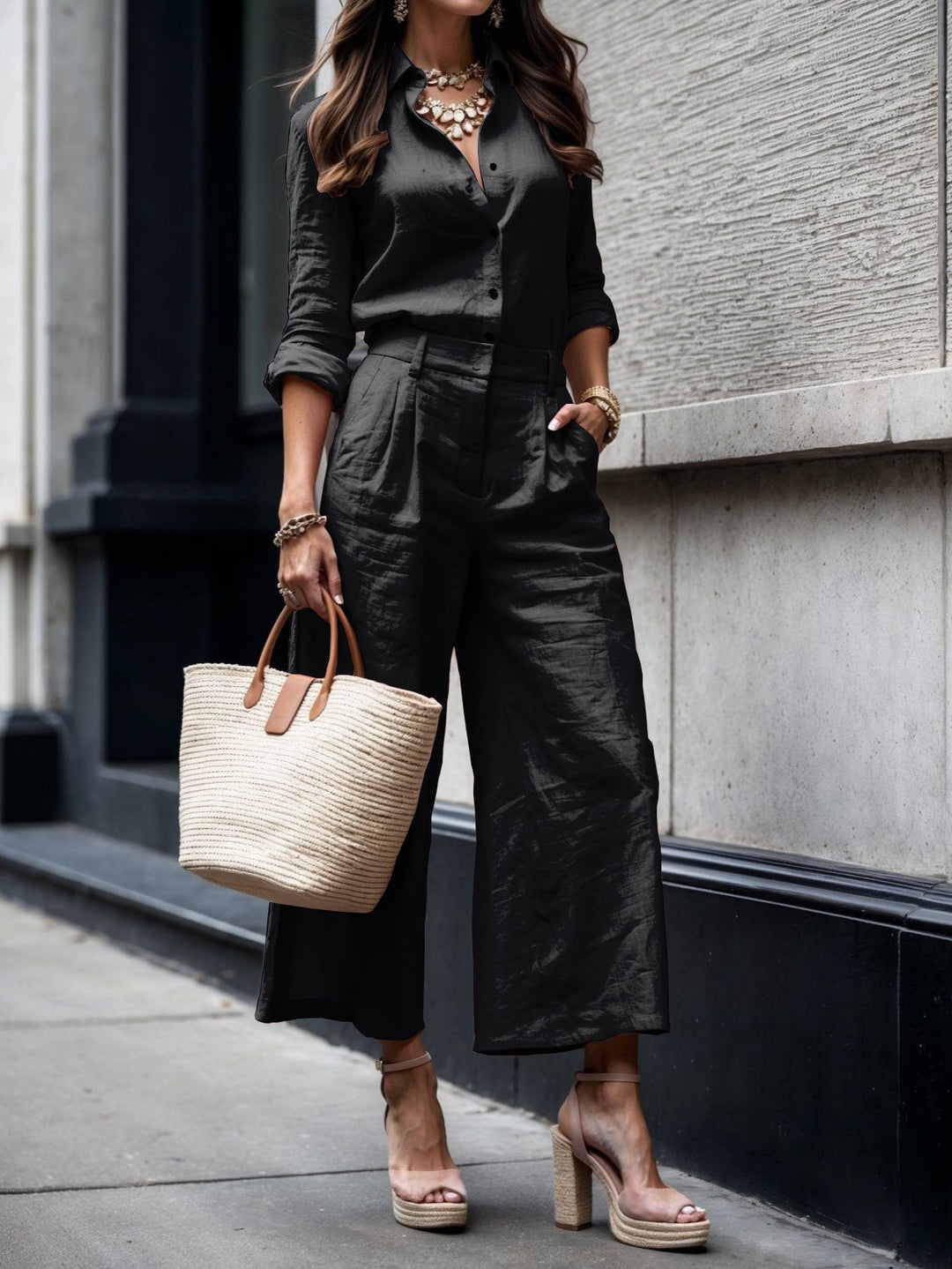 Rosie | Matching Set with Wide Leg Trousers and Long Sleeve Shirt