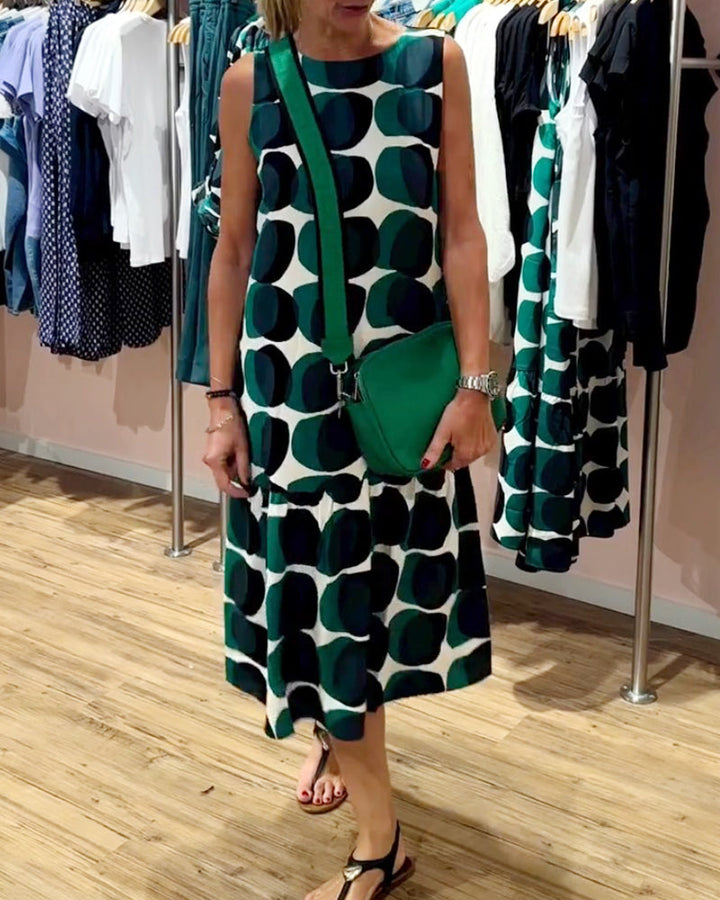 Sue | Midi Polka Dot Dress with Round Neck and Tiered Skirt