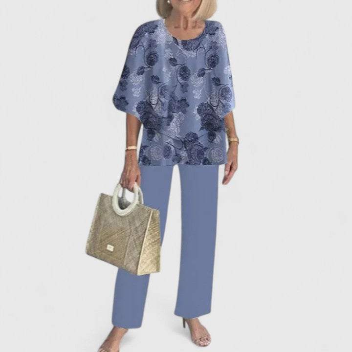 Marge | Matching Set with Floral Print Trousers and Layered Top