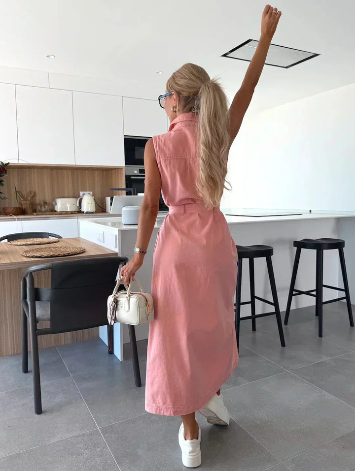 Claire | Maxi Shirt Dress with Belted Waist and Side Slit