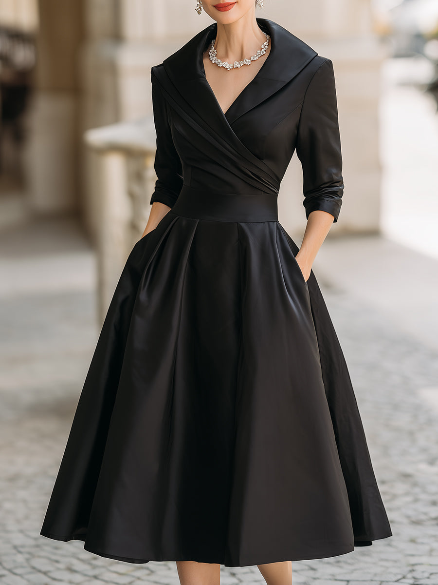Reece | Midi Cocktail Dress with Collared Neck and Long Sleeves
