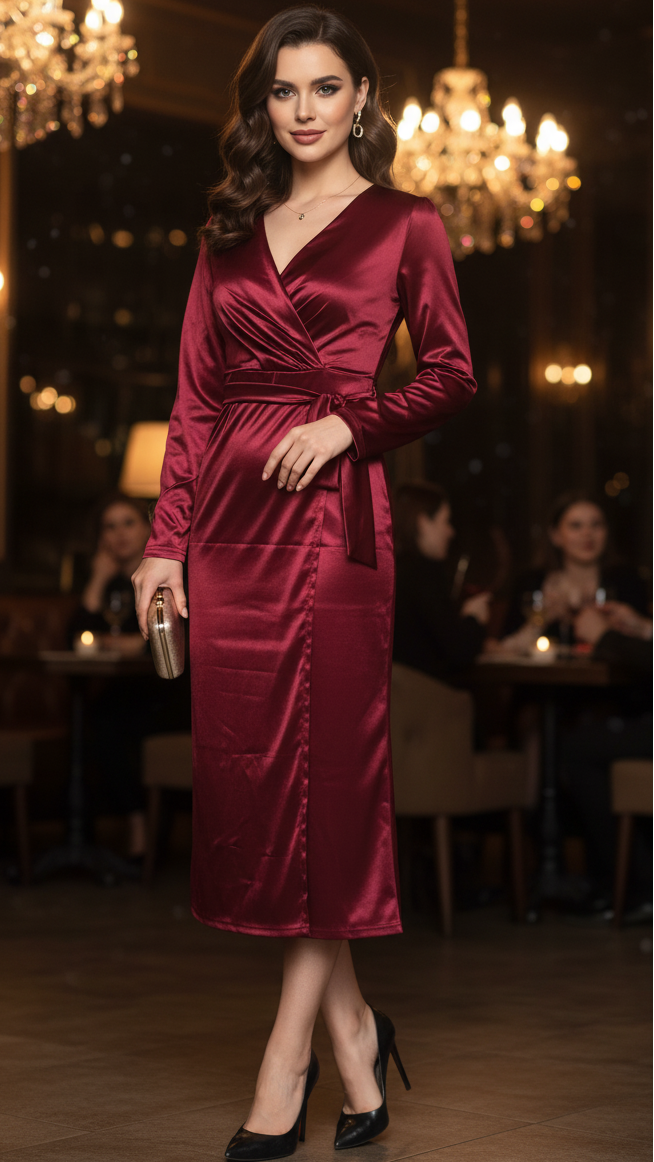 Victoria | Midi Wrap Dress with V Neckline and Long Sleeves