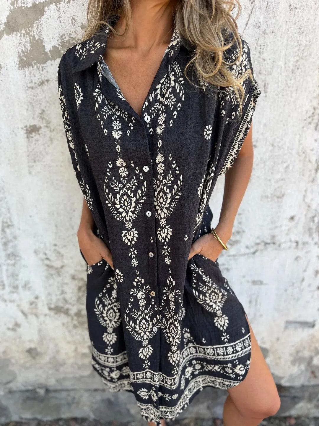 Emily | Mini Shirt Dress with Boho Print and V-Neck