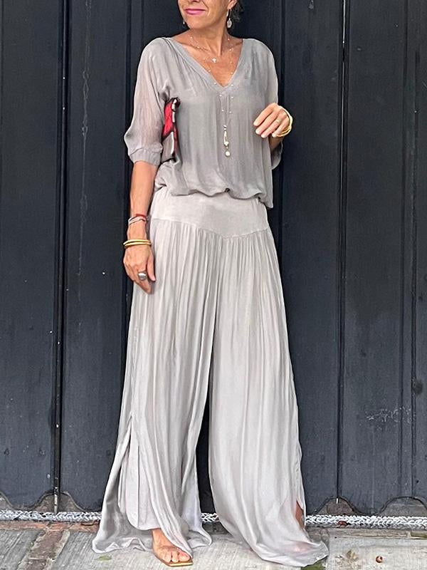 Edith | Two-Piece Set with V-Neck Top and Wide Leg Trousers