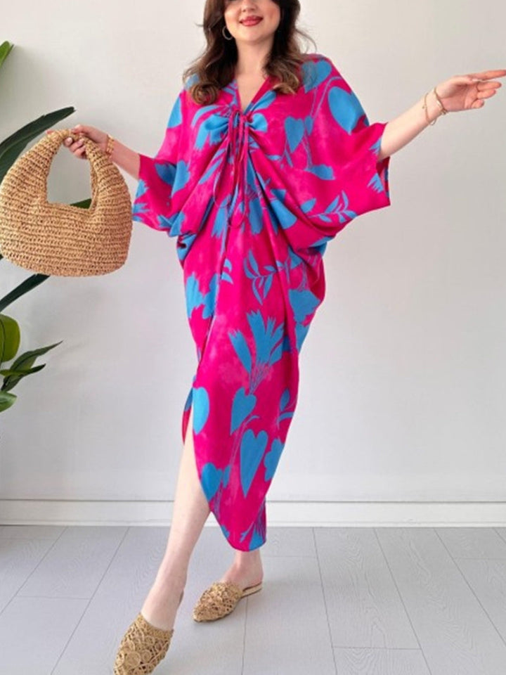 Beth | Maxi Holiday Dress with Floral Print and Batwing Sleeves