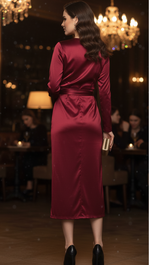 Victoria | Midi Wrap Dress with V Neckline and Long Sleeves
