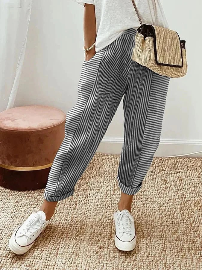 Erin | Striped Trousers with Tapered Fit and Cuffed Hem