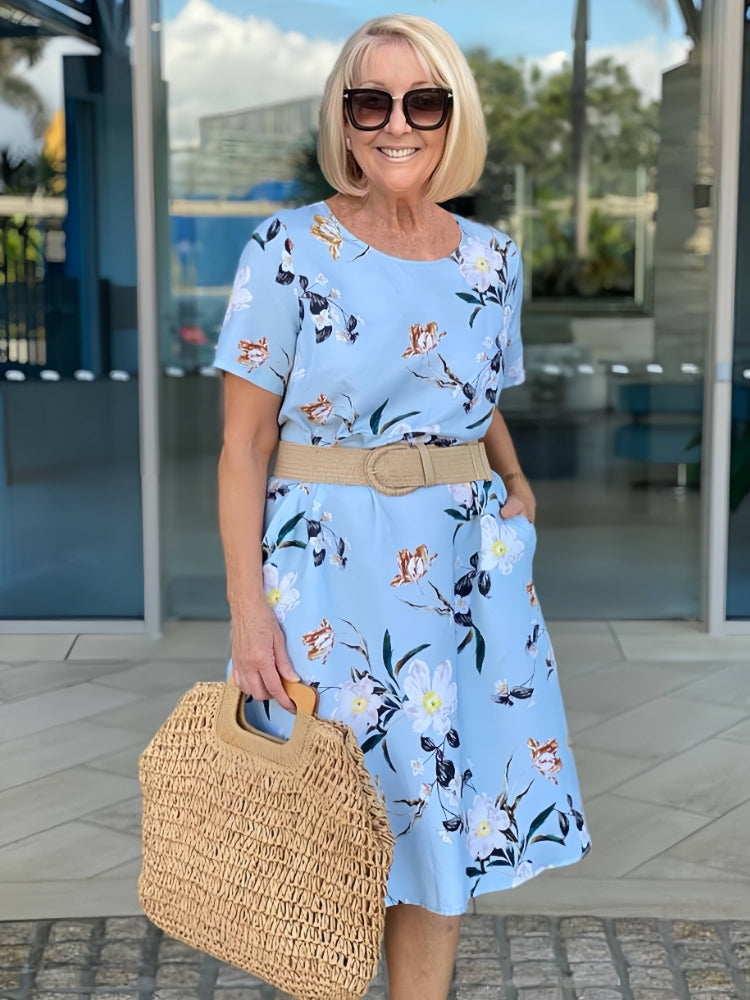 Amber | Midi Summer Dress with Floral Print and Belted Waist