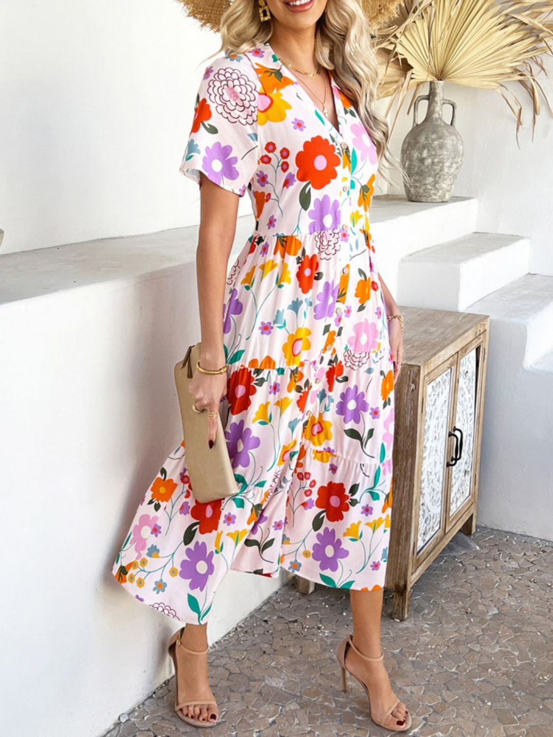 Mary | Midi Shirt Dress with Floral Print and Button Front