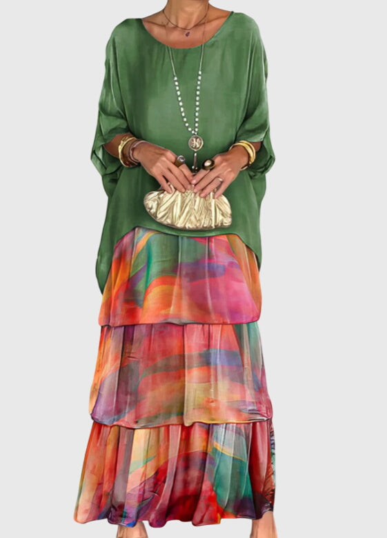 Susan | Two-Piece Set with Round Neck Top and Maxi Tiered Skirt