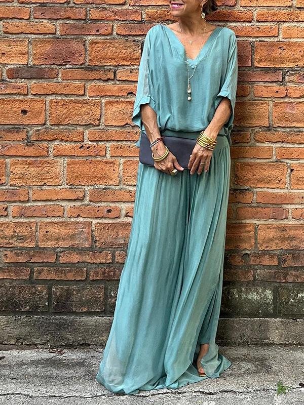 Edith | Two-Piece Set with V-Neck Top and Wide Leg Trousers
