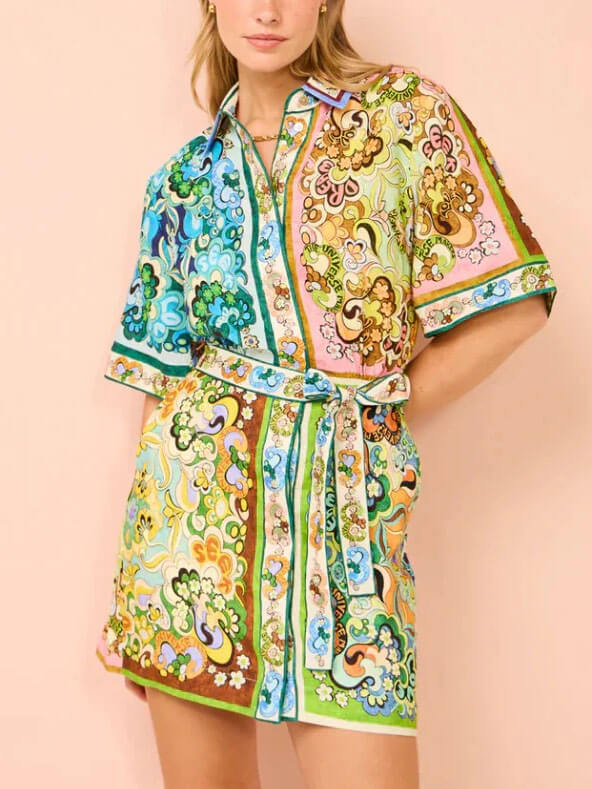 Kayla | Mini Shirt Dress with Boho Print and Belted Waist