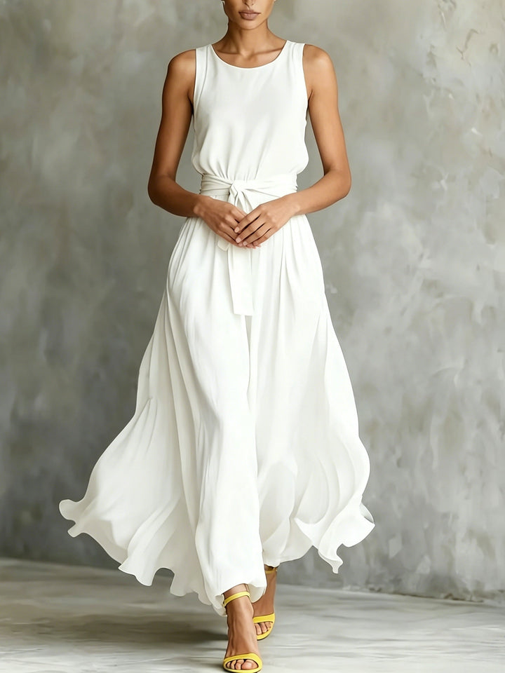Xena | Maxi Wedding Guest Dress with Round Neck and Tie Waist
