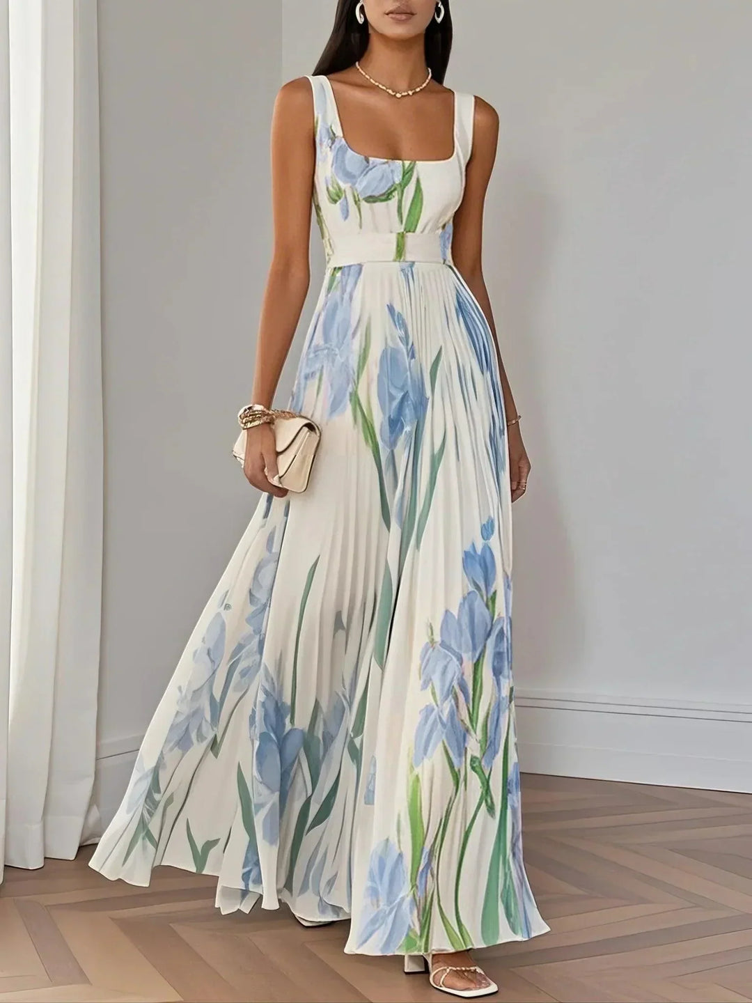 Tina | Maxi Wedding Guest Dress with Floral Print and Pleated Skirt