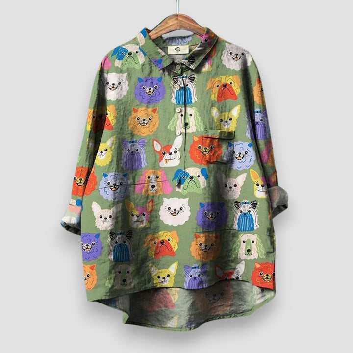 Winnie | Novelty Print Blouse with Button Front and Long Sleeves