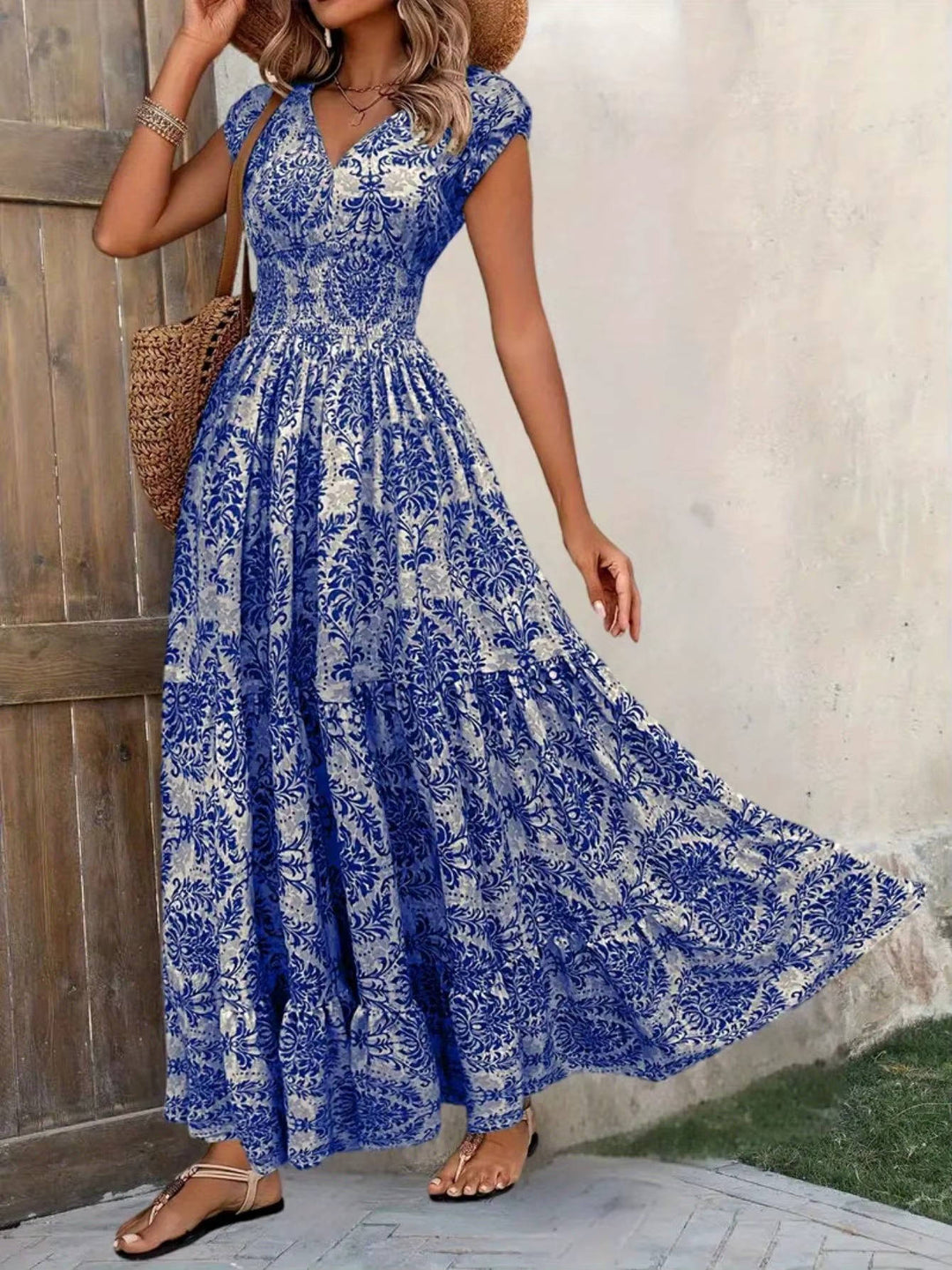 Emma | Midi Floral Print Dress with V-Neck and Sleeveless Bodice