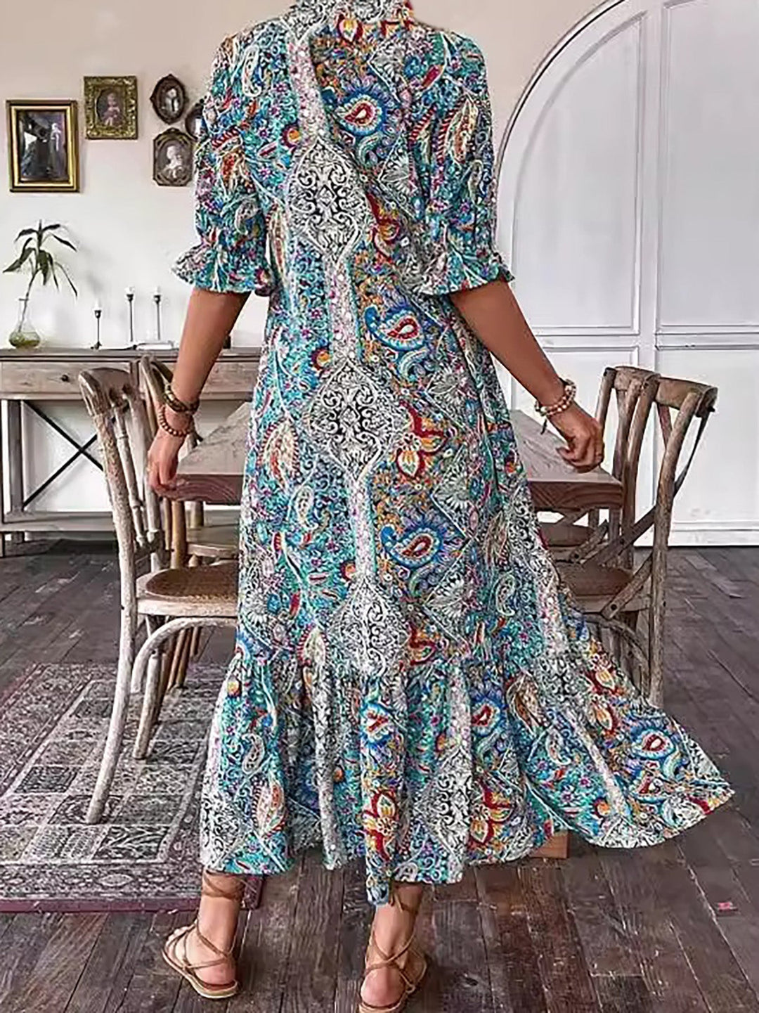 Gene | Midi Summer Dress with Boho Print and Tassel Tie
