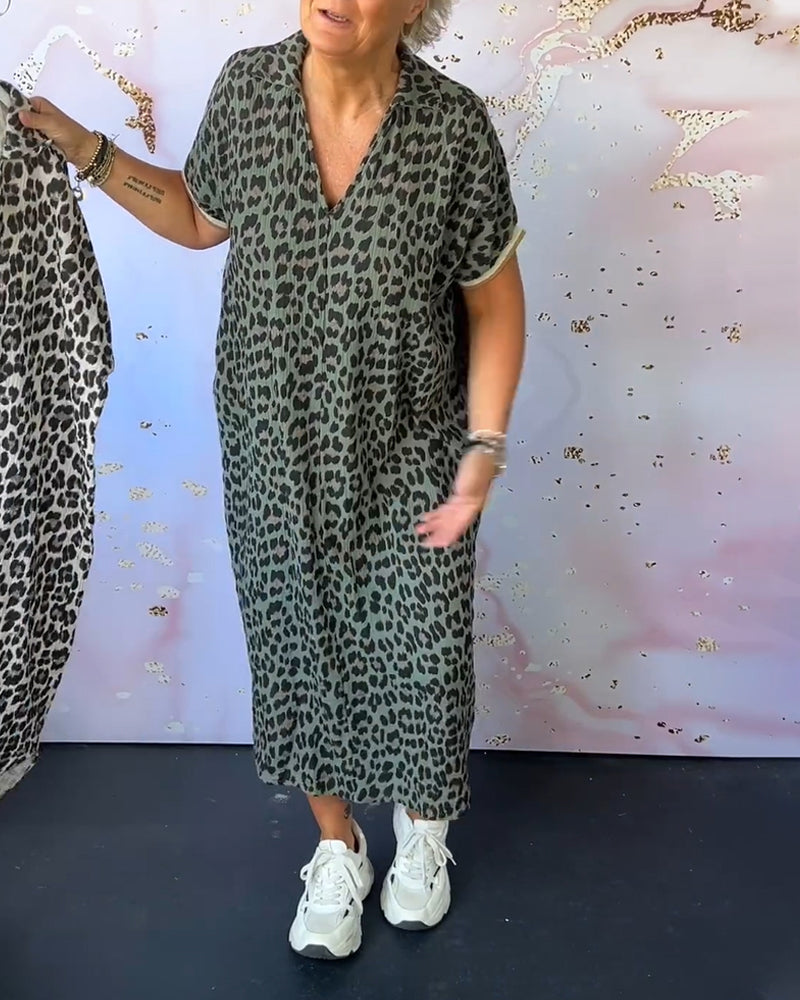 Lenny | Midi Summer Dress with Leopard Print and V-Neck