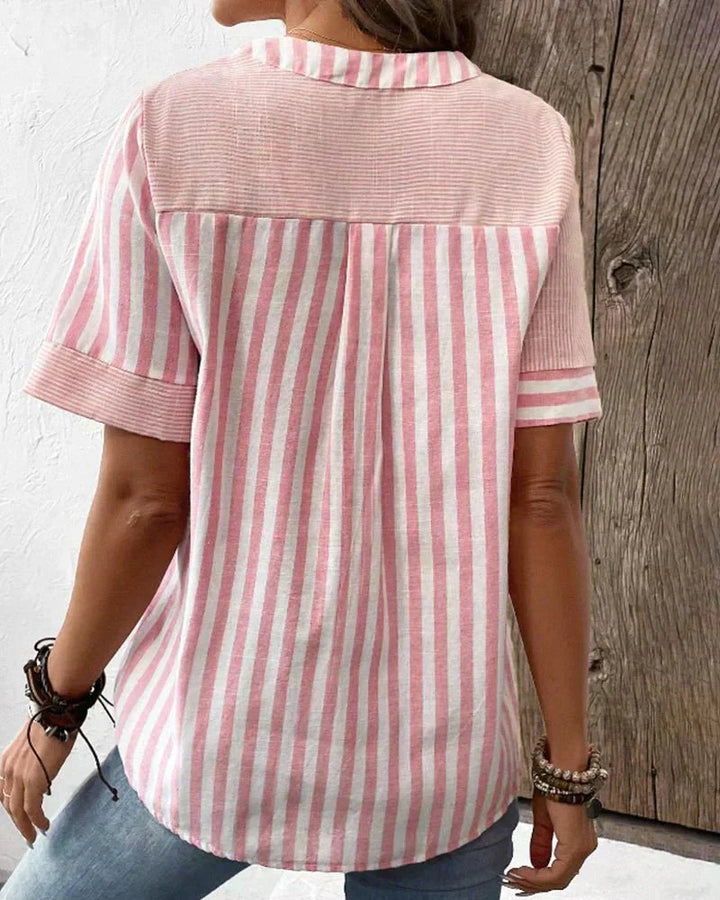 Nia | Striped Top with V Neckline and Button Detail