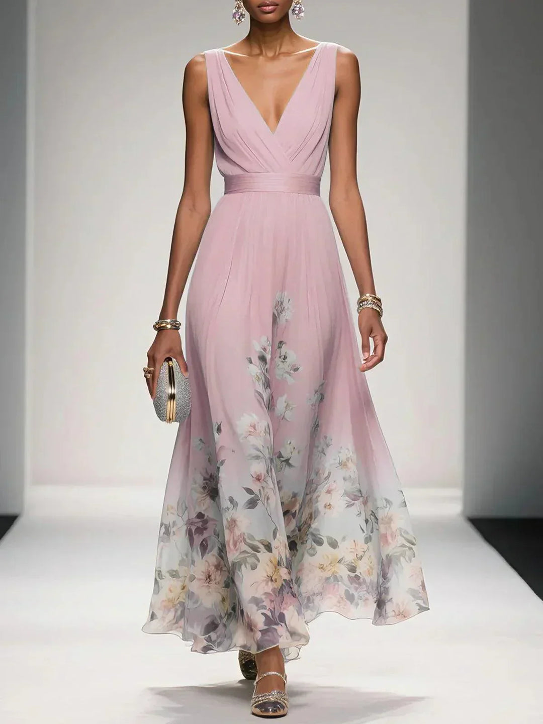 Ana | Maxi Wedding Guest Dress with Floral Print and V-Neck
