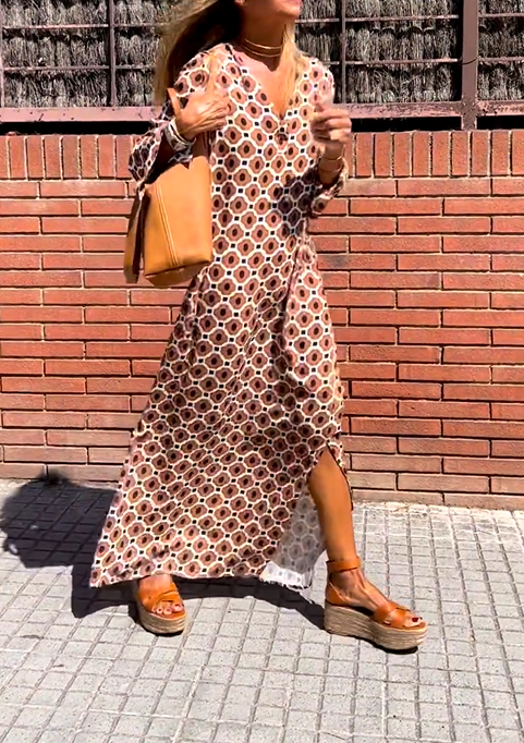 Xena | Maxi Summer Dress with Geometric Print and Long Sleeves