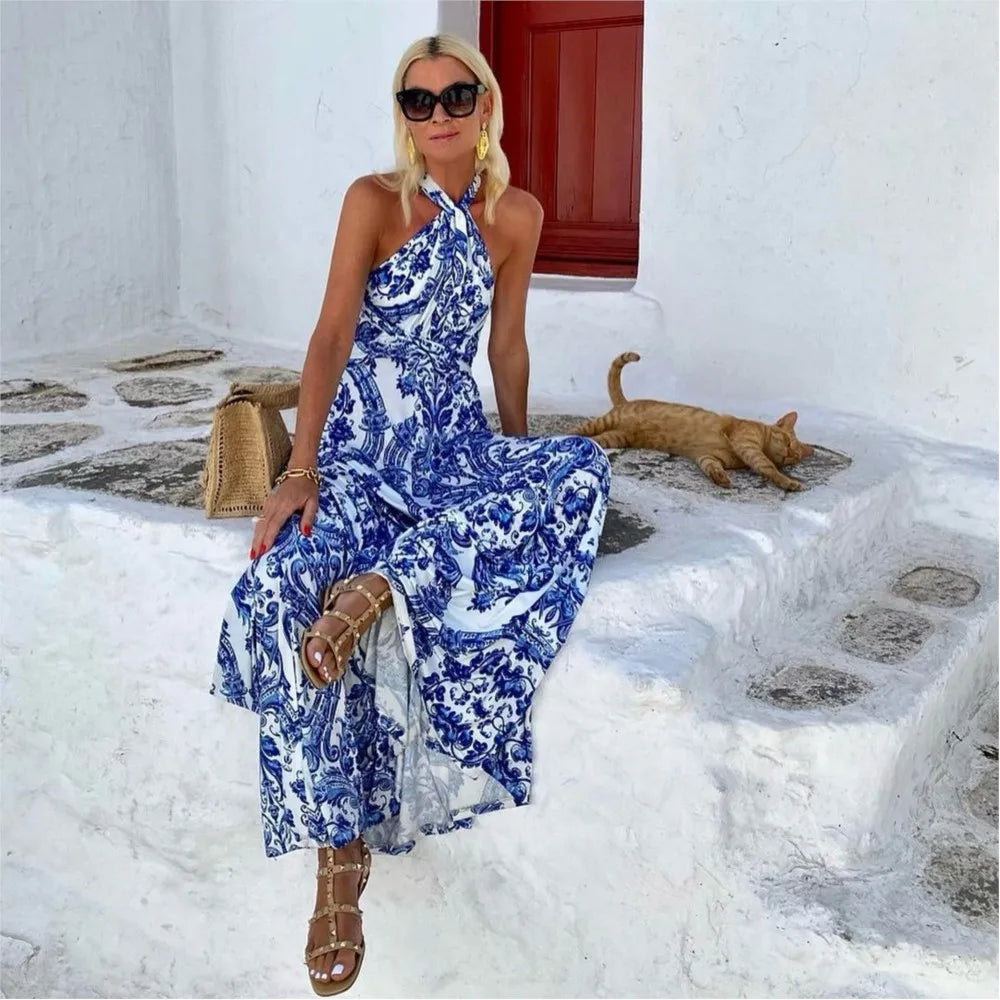 Edina | Maxi Halter Neck Dress with Boho Print