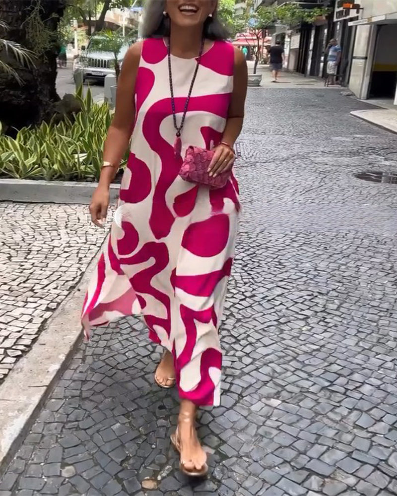 Christine | Maxi Summer Dress with Abstract Print and Round Neck