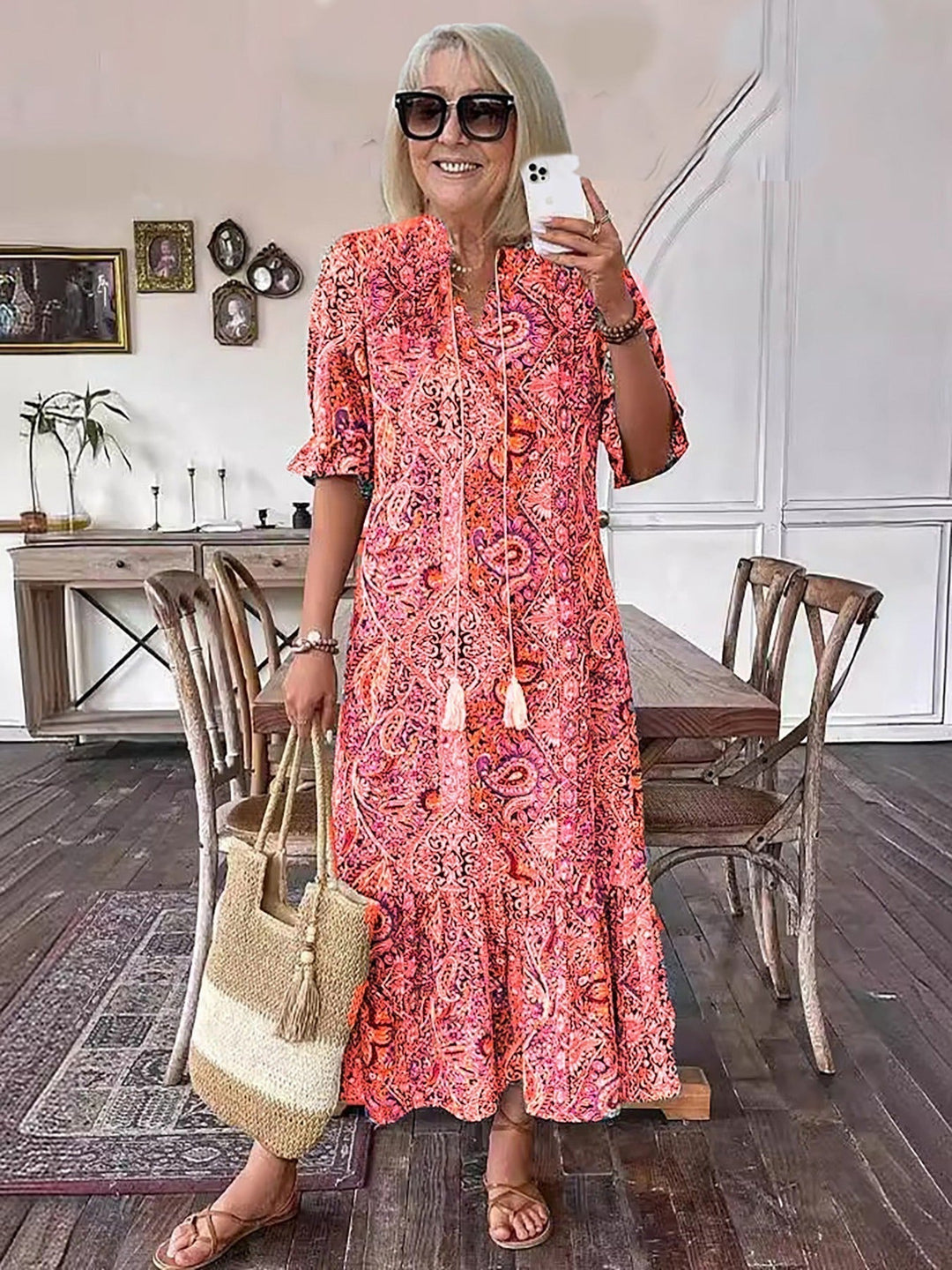 Gene | Midi Summer Dress with Boho Print and Tassel Tie
