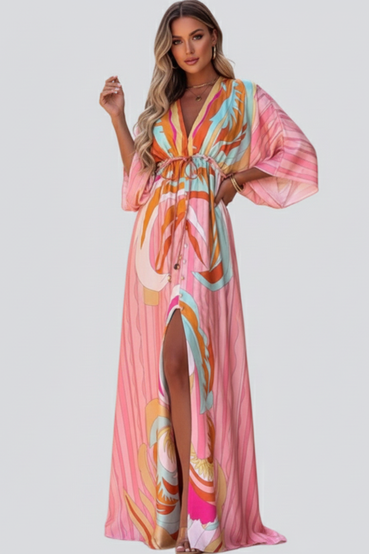 Zoe | Maxi Holiday Dress with Abstract Print and Batwing Sleeves