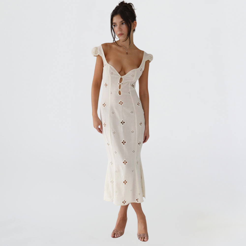 Kimberly | Midi Wedding Guest Dress with Embroidered Detail and Sweetheart Neck