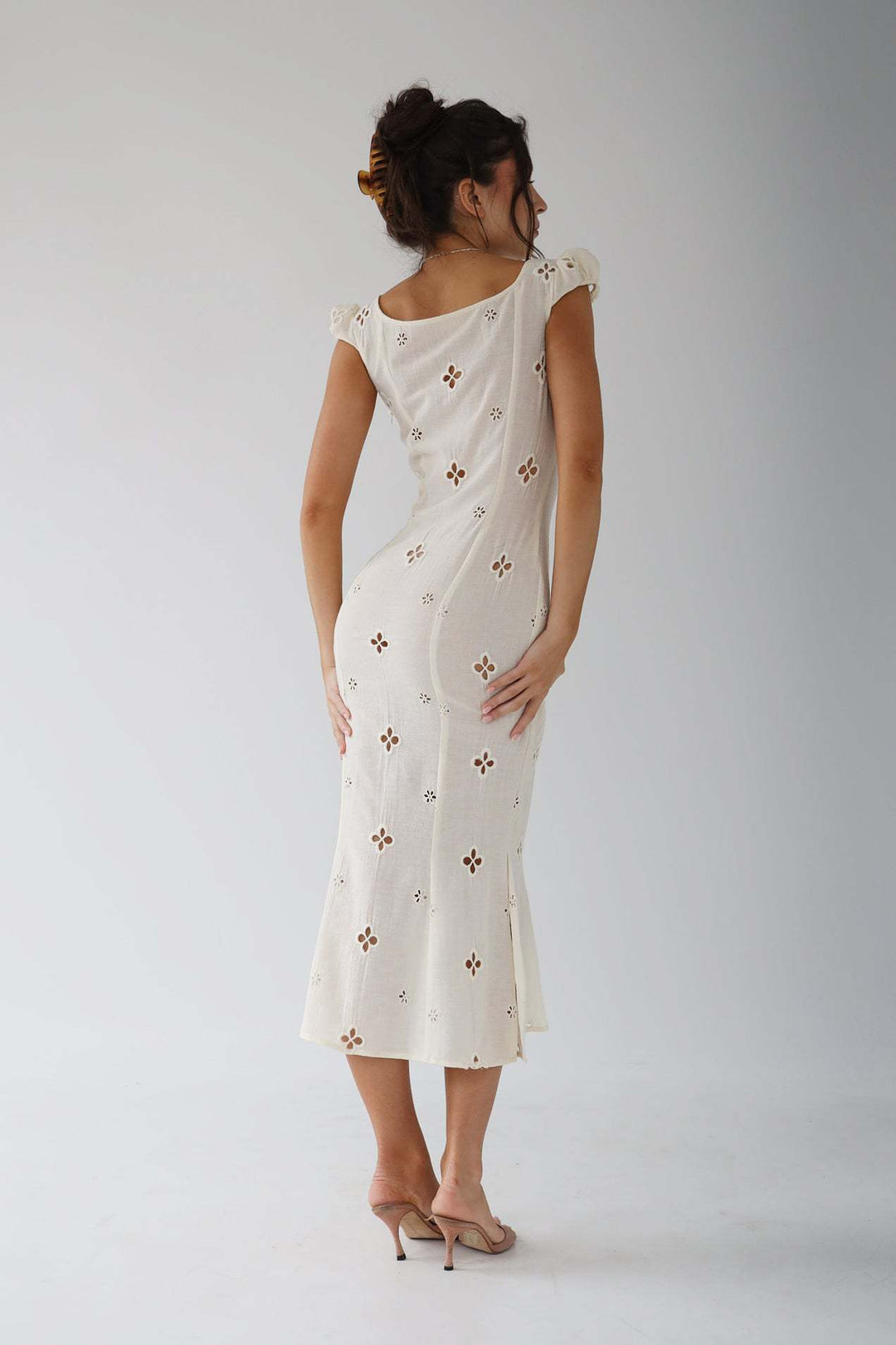 Kimberly | Midi Wedding Guest Dress with Embroidered Detail and Sweetheart Neck