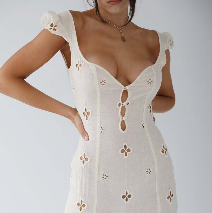 Kimberly | Midi Wedding Guest Dress with Embroidered Detail and Sweetheart Neck